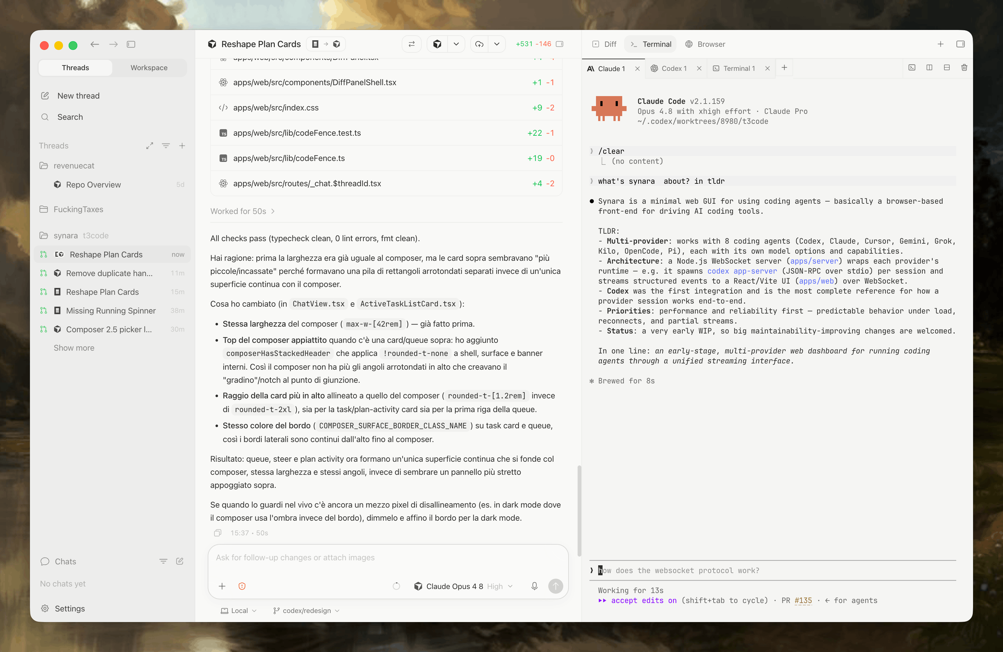 Synara workspace composition showing coding-agent tasks, terminals, browser verification, diffs, and Git worktrees