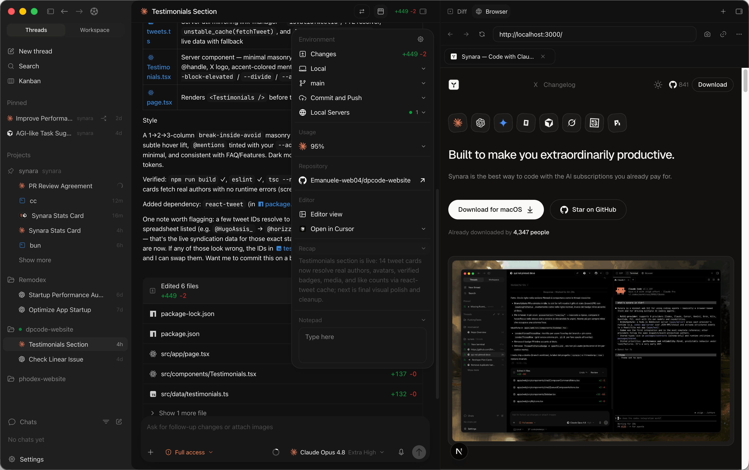 Synara built-in browser — docs and a live preview one pane over from the agent thread