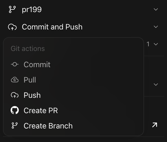 Synara git actions — commit, pull, push, create PR, and create branch in one click