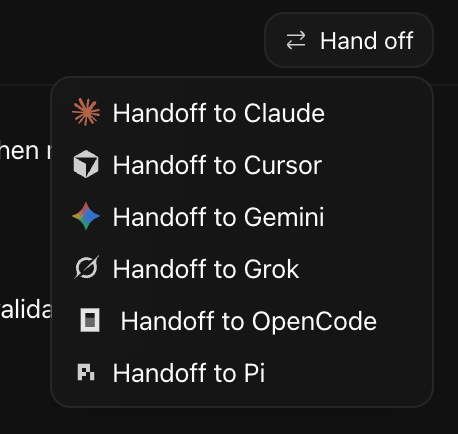 Synara hand-off menu — pass a thread to Claude, Cursor, Gemini, Grok, OpenCode, or Pi mid-conversation