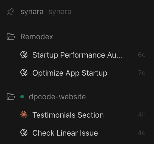 Synara project sidebar with separate repositories, tasks, and activity state