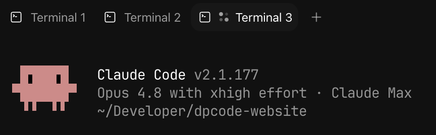 Synara terminals — Terminal 1, 2, and 3 tabs with Claude Code running in the project directory